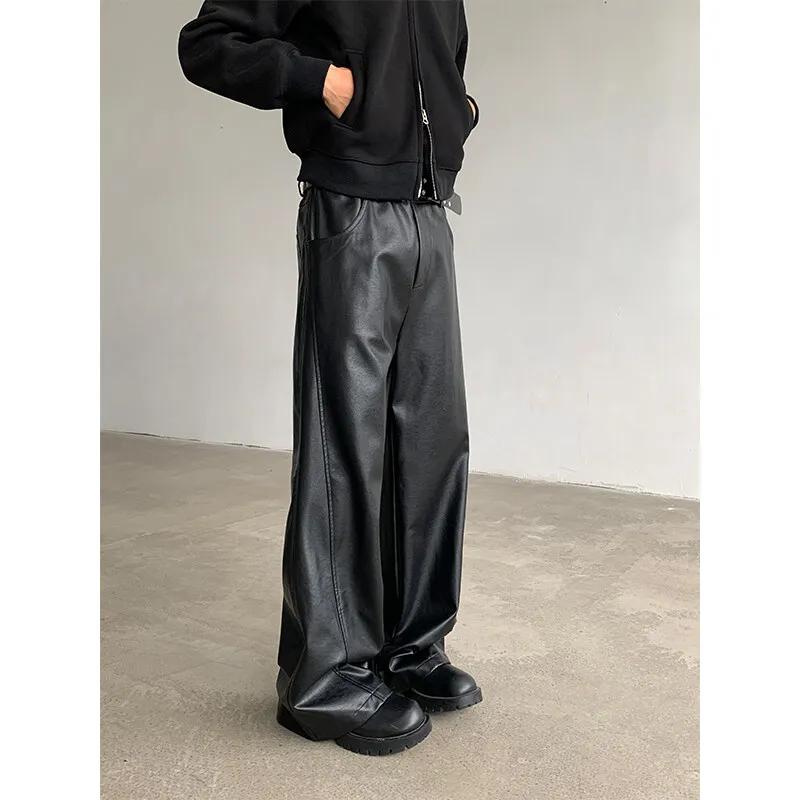 Pantalons en cuir PU pour hommes, Punk américain, mode Hip Hip, jambes larges, coupe-vent, marron fo