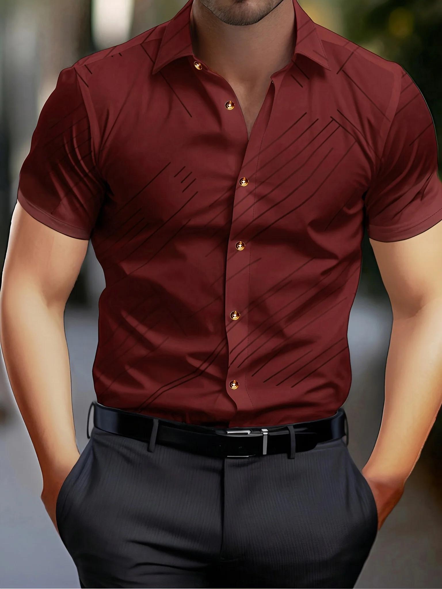 Chemise boutonnée à manches courtes pour hommes d'affaires décontractée à imprimé géométrique - Blan