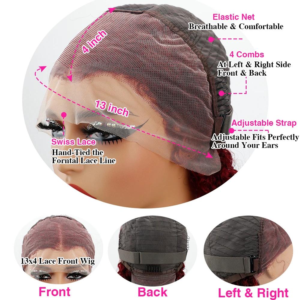 Perruque Deep Wave Lace Front Wig Naturelle, Cheveux Bouclés, Couleur Rouge Bordeaux 99J, Pré-épilés