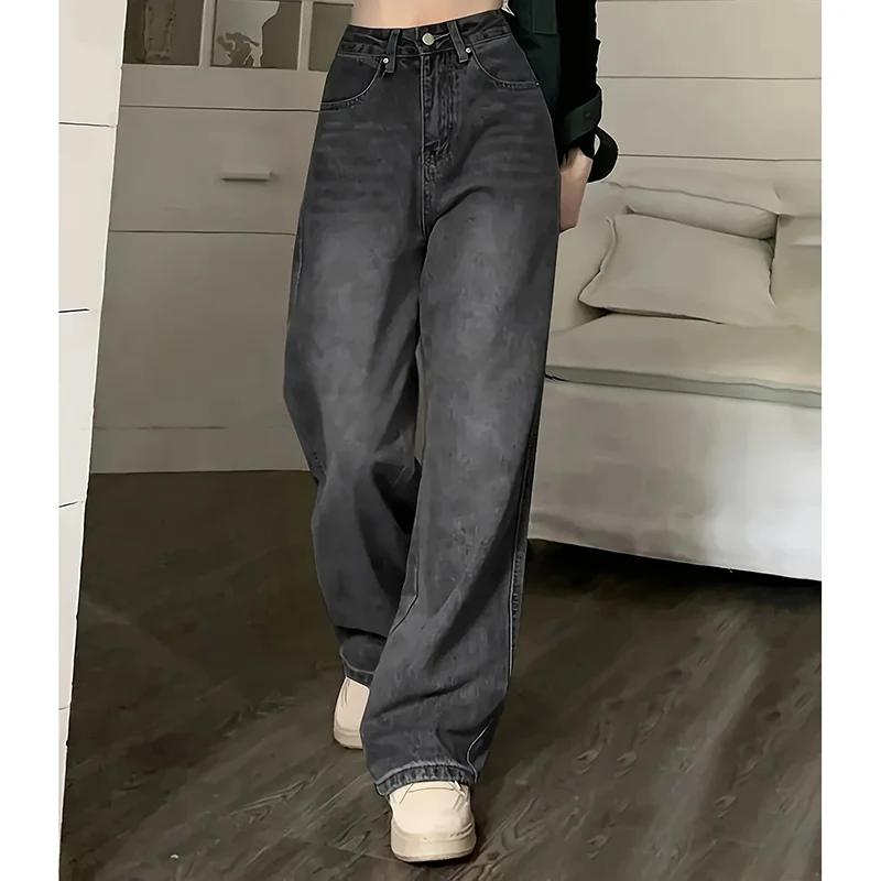 Jean taille haute pour femme, streetwear, designer, jambe large, gris classique, gothique, pantalon