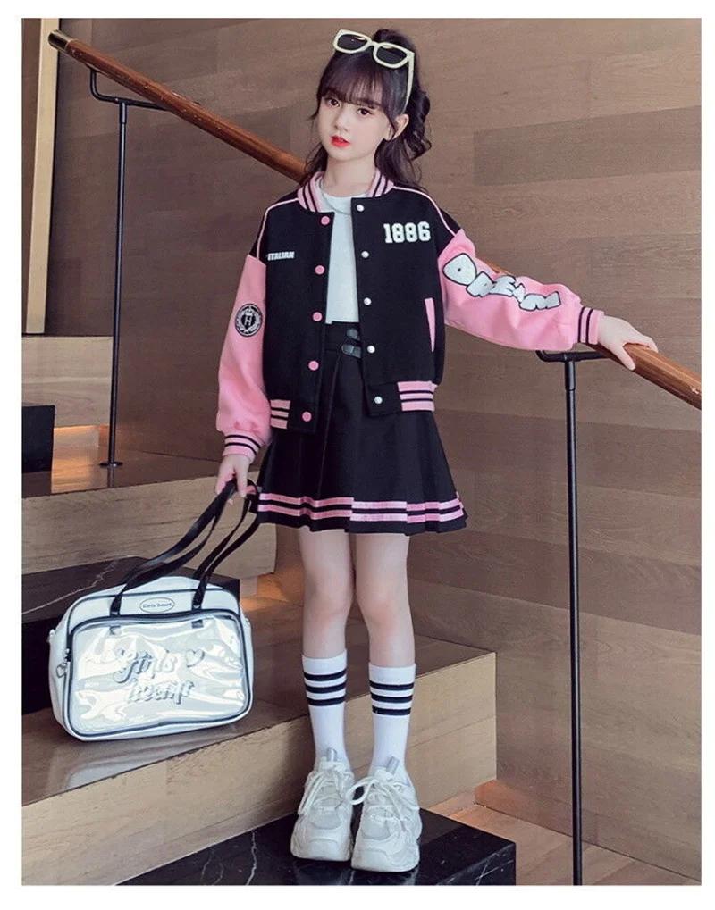 Ensemble vêtements mode filles costume baseball enfants veste jupe plissée tenue uniforme étudiant 2 pièces