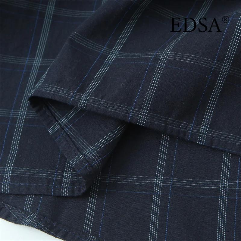EDSA chemise à carreaux bleu marine pour femmes avec poche carrée pour bureau dame simple boutonnage