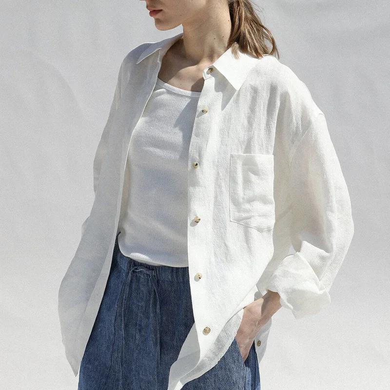 Chemisier surdimensionné à col rabattu pour femme, chemise décontractée en lin, manches longues, élé
