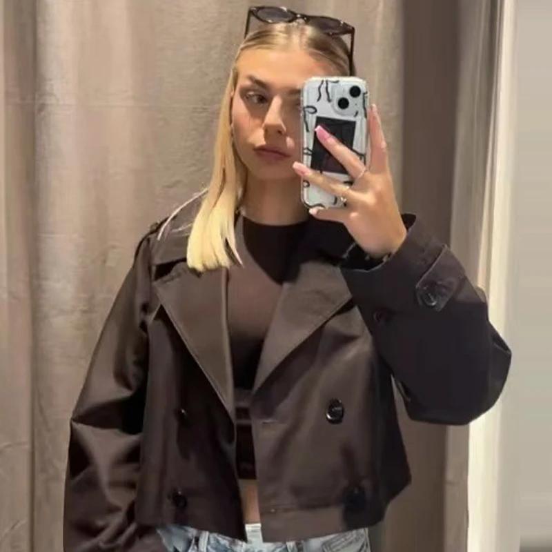 HXAO – Trench-Coat court marron chocolat pour femme, manteaux surdimensionnés à manches longues, ves