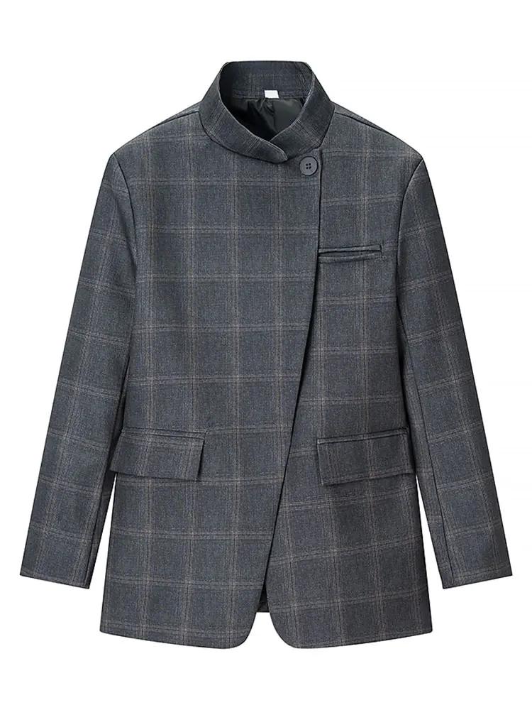 HH Blazer à carreaux pour femme, col montant, manches longues, veste décontractée chic pour le burea