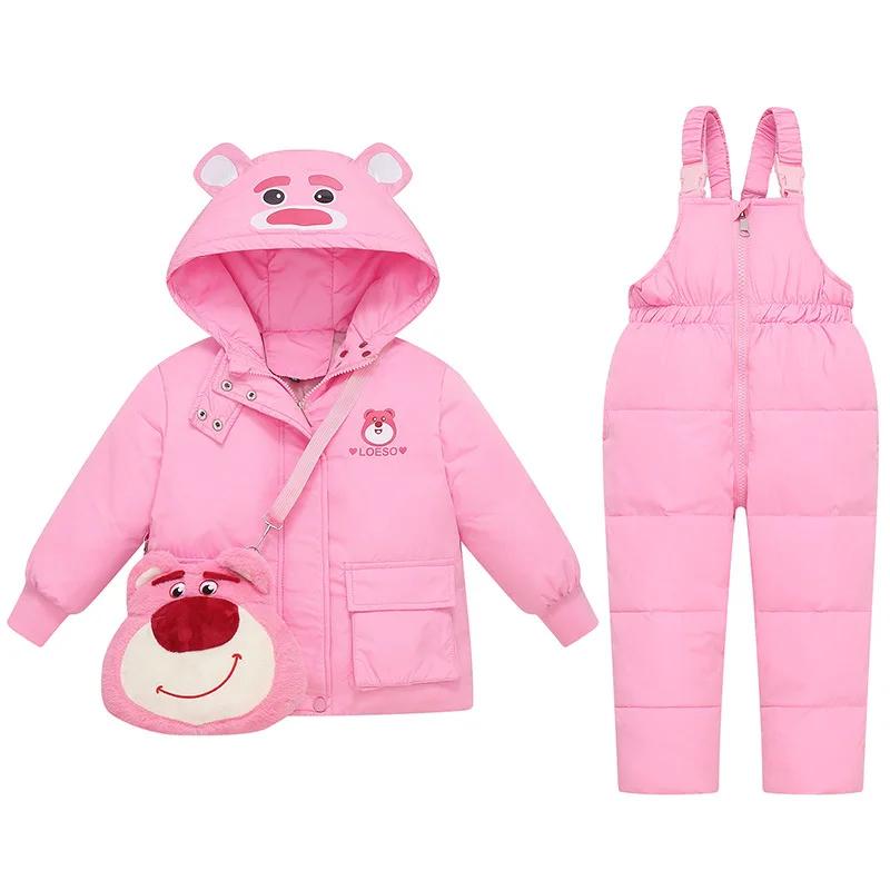 Doudoune à capuche ours dessin animé pour enfants, ensemble de vêtements pour filles, salopette pour