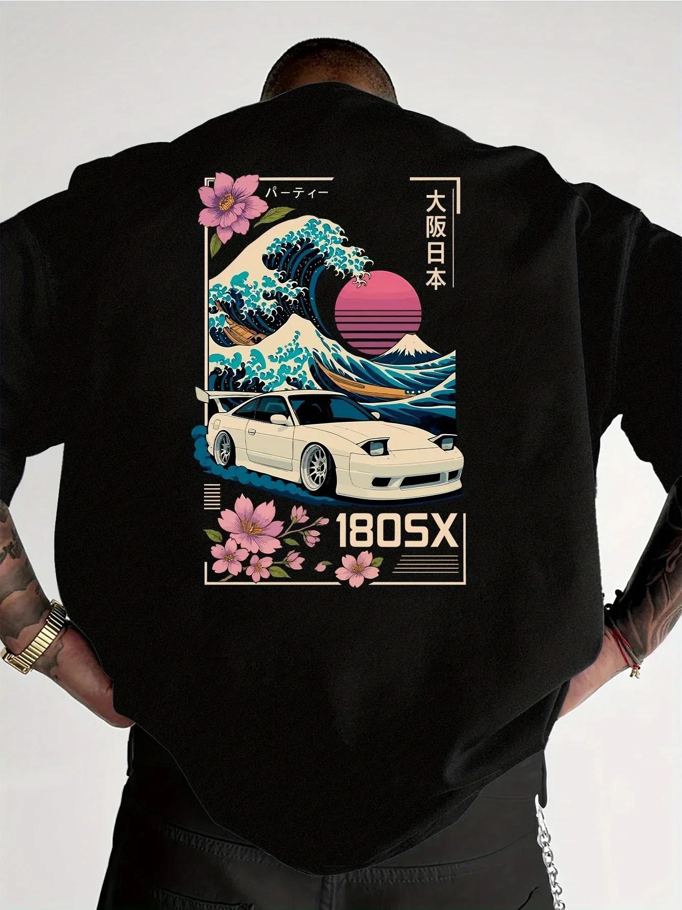 T-shirt à manches courtes pour hommes, imprimé japonais Ukiyo-e JDM Car Culture Trend, vêtements de