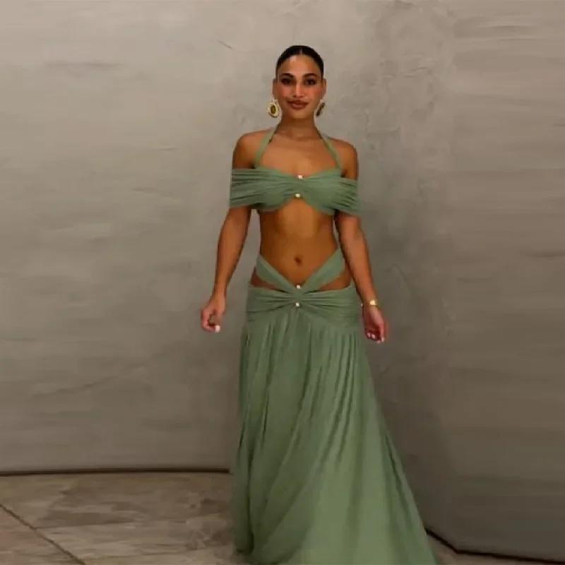 Ensemble deux pièces élégant à sequins floraux pour femme : haut court asymétrique à une épaule + mi