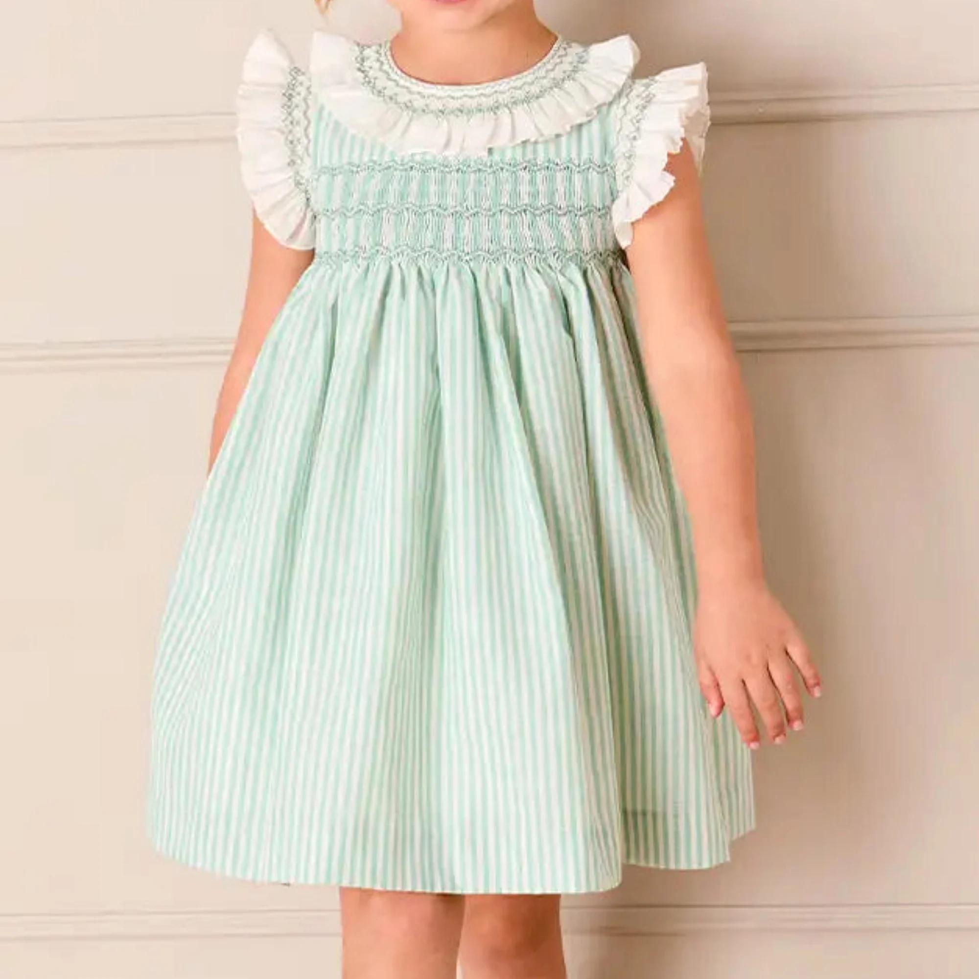 Robes d'été élégantes sans manches pour filles, couleur verte, rayées, avec col smocké à volants fai