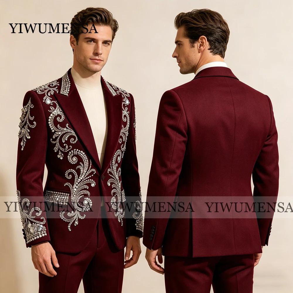 Costume de mariage personnalisé pour le marié, blazer perlé de cristaux, ensemble 2 pièces, smoking