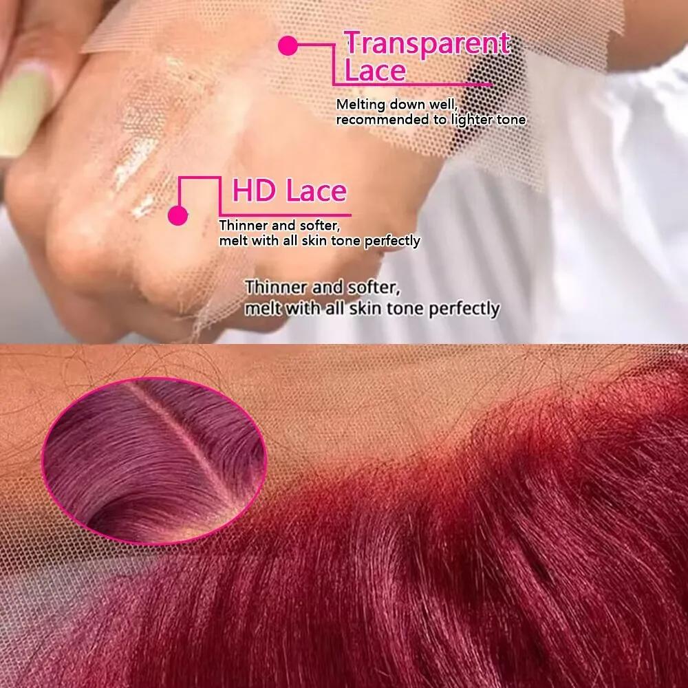 Perruque Deep Wave Lace Front Wig Naturelle, Cheveux Bouclés, Couleur Rouge Bordeaux 99J, Pré-épilés