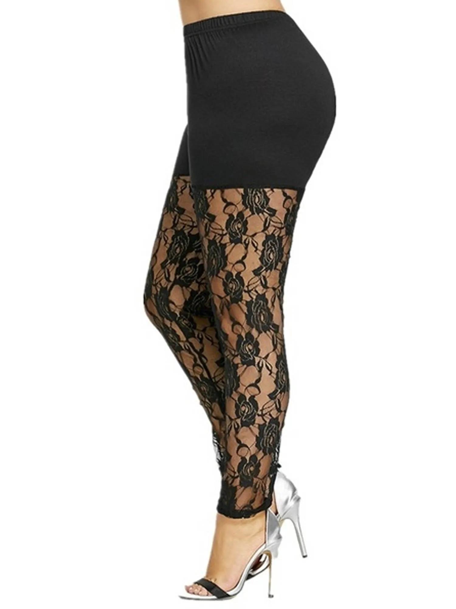 Leggings grande taille pour femmes, pantalon slim de couleur unie, couture en dentelle florale trans