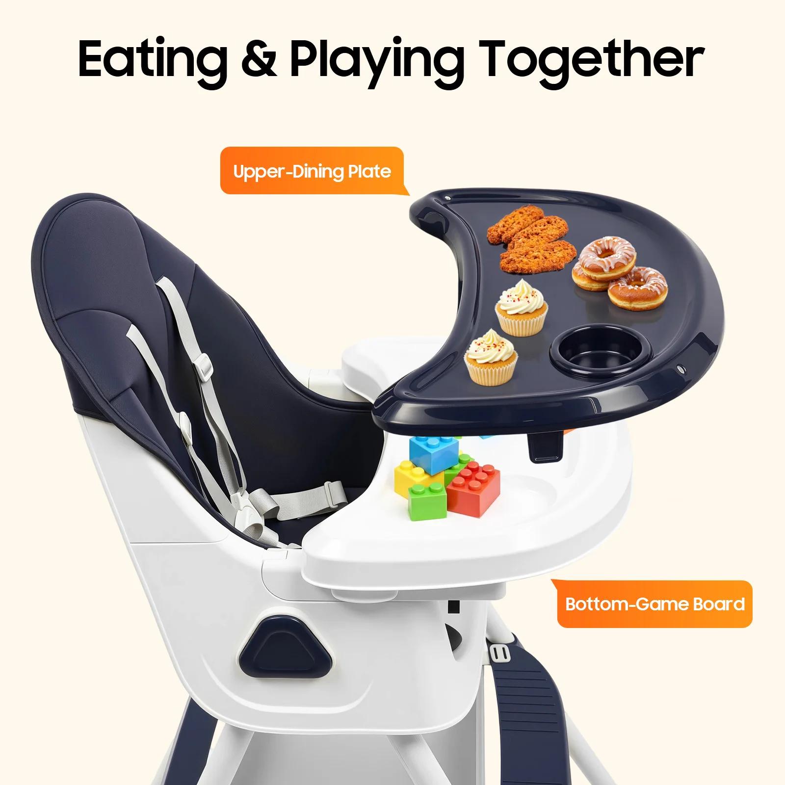 Chaise haute pour bébé, harnais de sécurité à 5 points, capacité de charge de 176 lb, plateau double