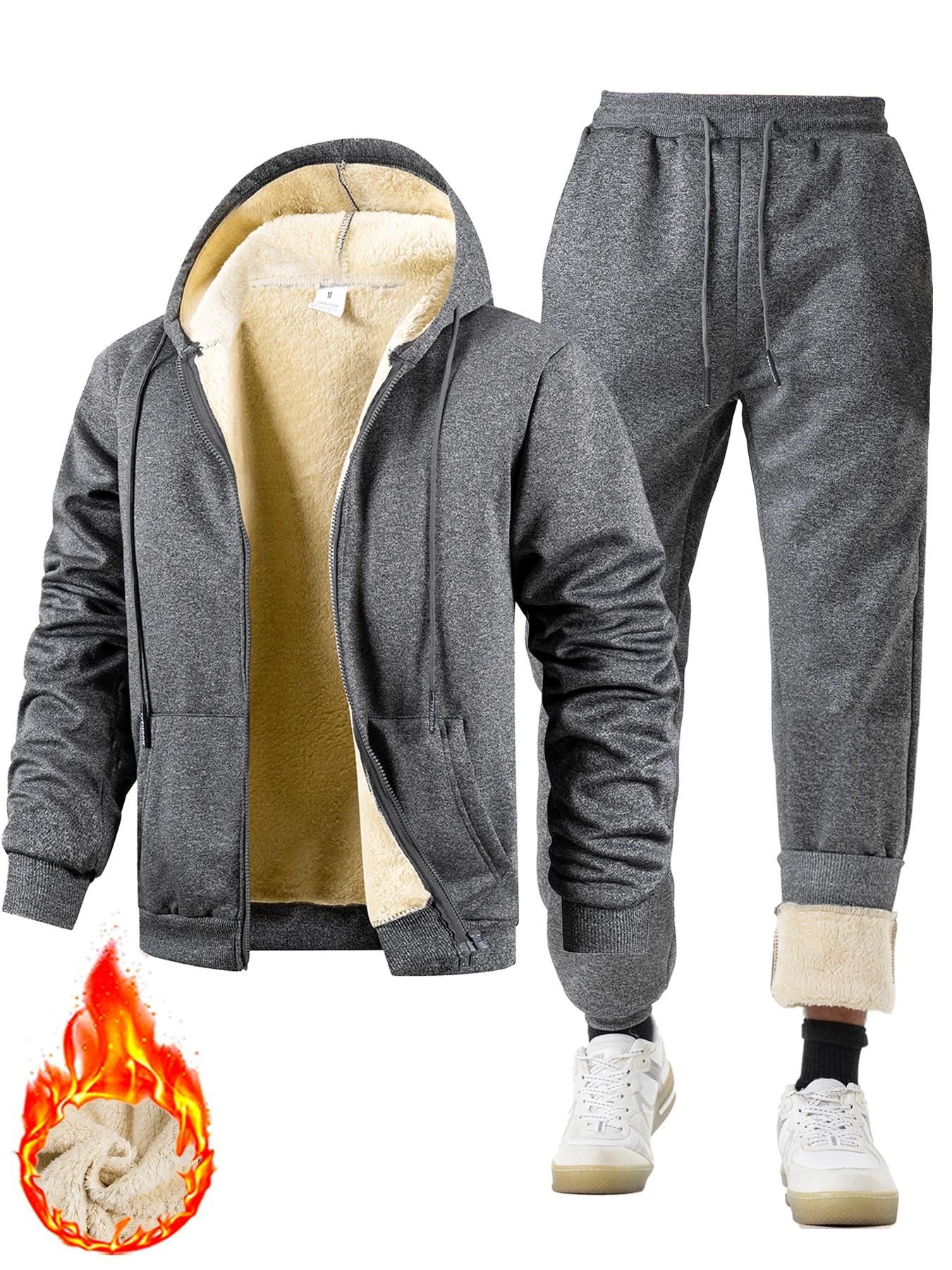 Costume deux pièces pour hommes, survêtement en peluche épais, veste de sport chaude + pantalon, com