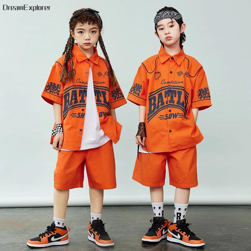 Chemise orange à manches courtes pour garçons et filles, ensembles de vêtements Hip Hop, shorts de d