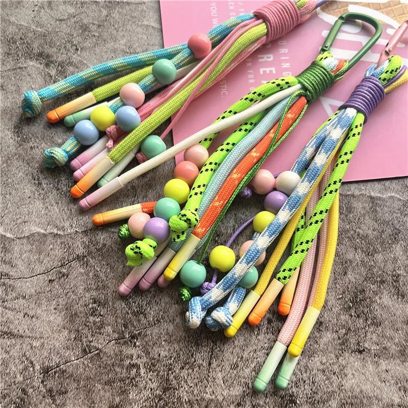 Porte-clés coloré avec perles, breloques pour sacs, tressé, pour voiture ou téléphone, petit et frai