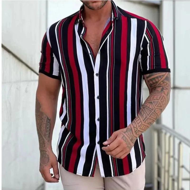 Nouveaux hommes chemises mode rayures imprimer à manches courtes t-shirts été hauts hommes col rabat