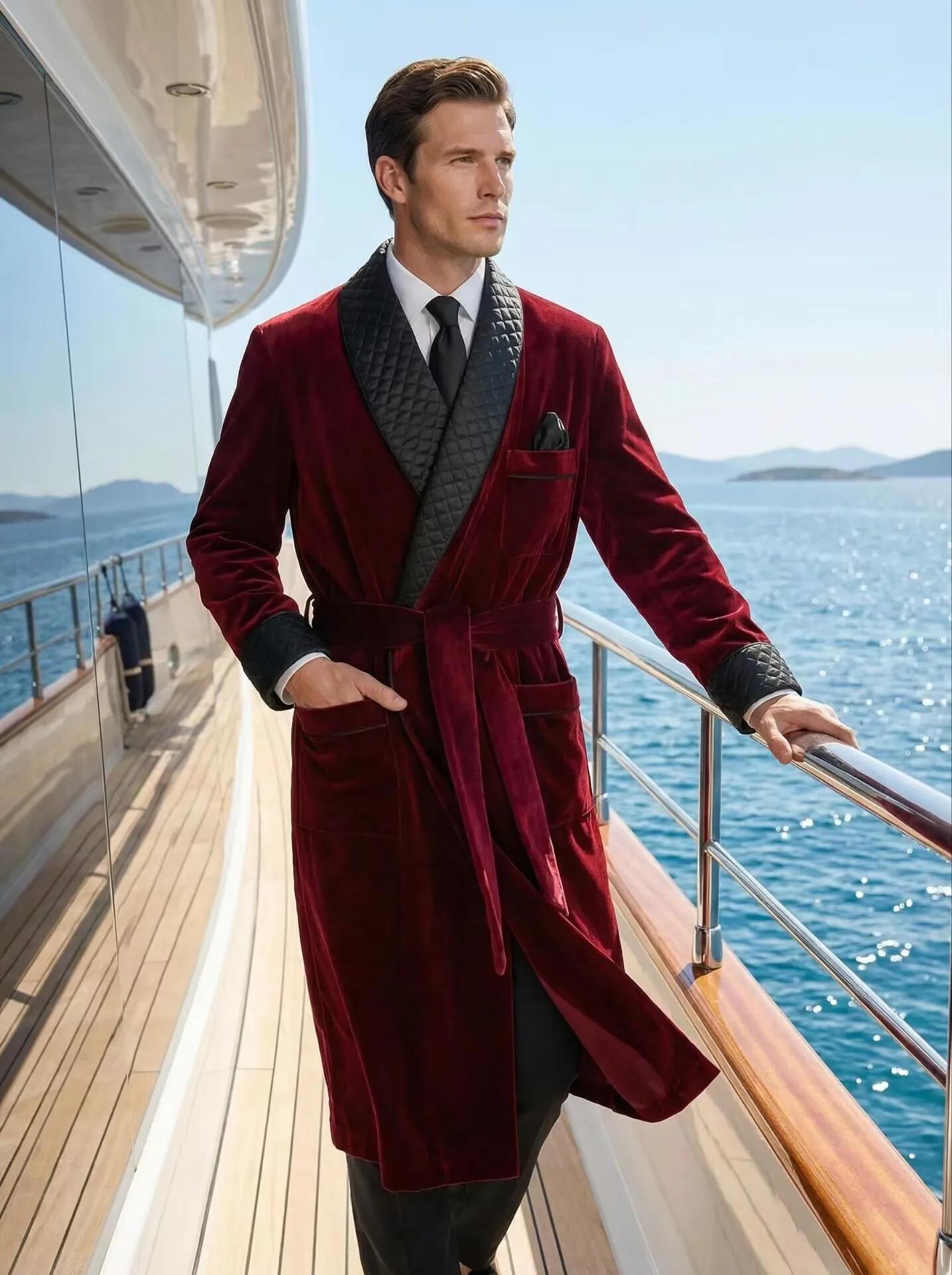 Veste de smoking longue en velours à revers châle, costume de marié, blazer pour homme avec ceinture