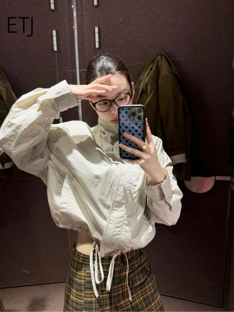 Veste Courte à Carreaux pour Femme ETJ, Col Montant, Manches Bouffantes, Coupe Oversize avec Ourlet