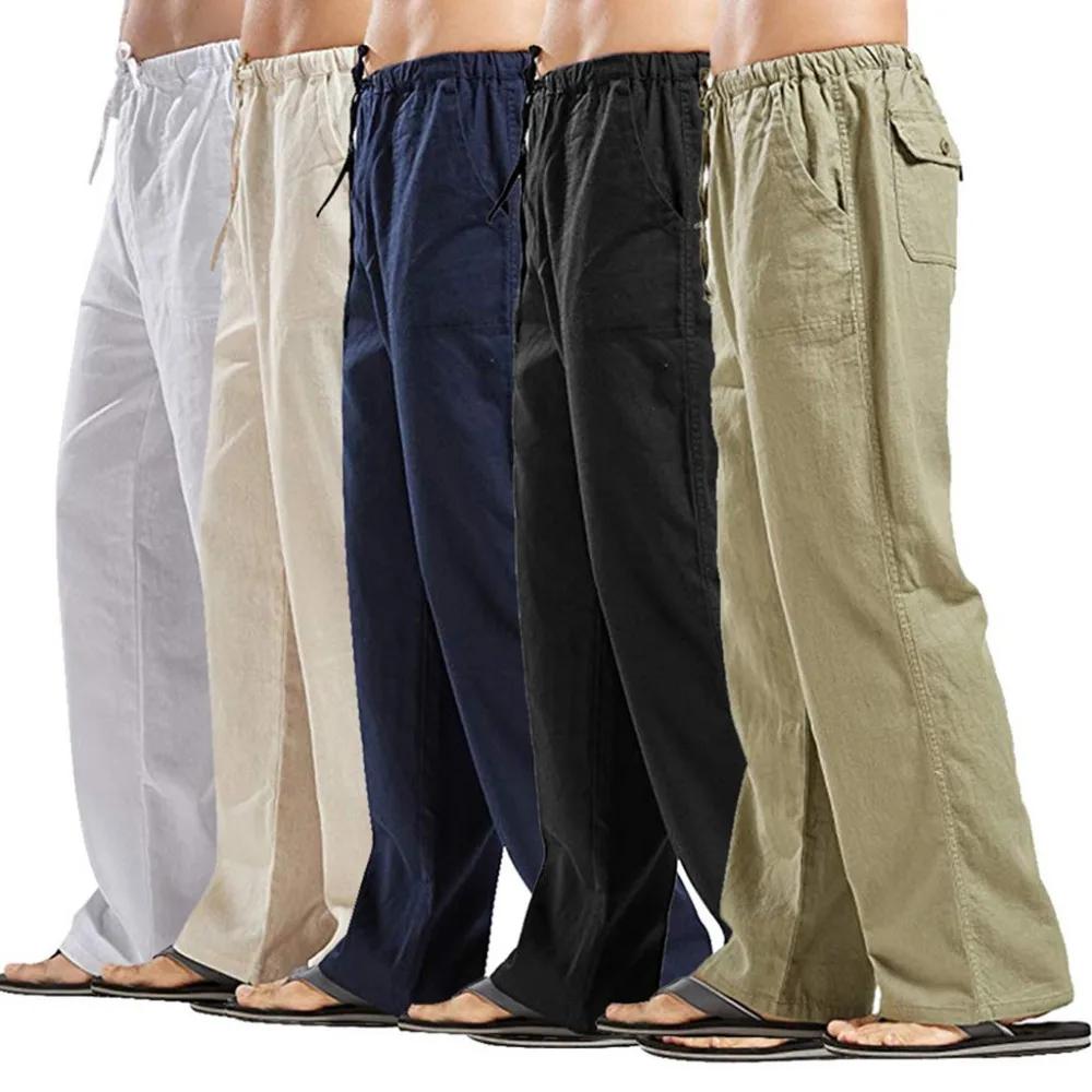 Pantalon d'été en coton et lin pour homme, tissu solide, respirant, décontracté, taille élastique, f