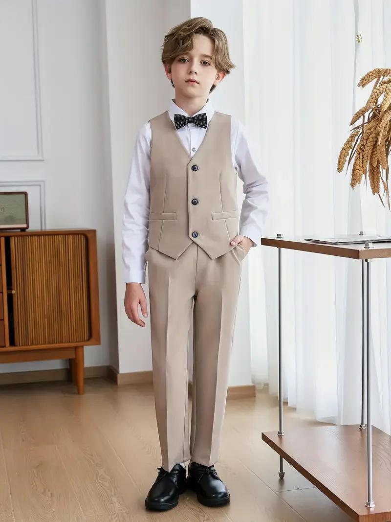 Ensemble de 5 pièces pour enfants (90-170 cm) : Veste, gilet, pantalon, nœud papillon et broche – Co