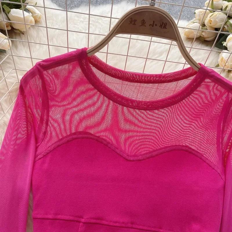 Femmes Chic maille transparente Patchwork à manches longues haut court mince Sexy coréen T-shirt mod