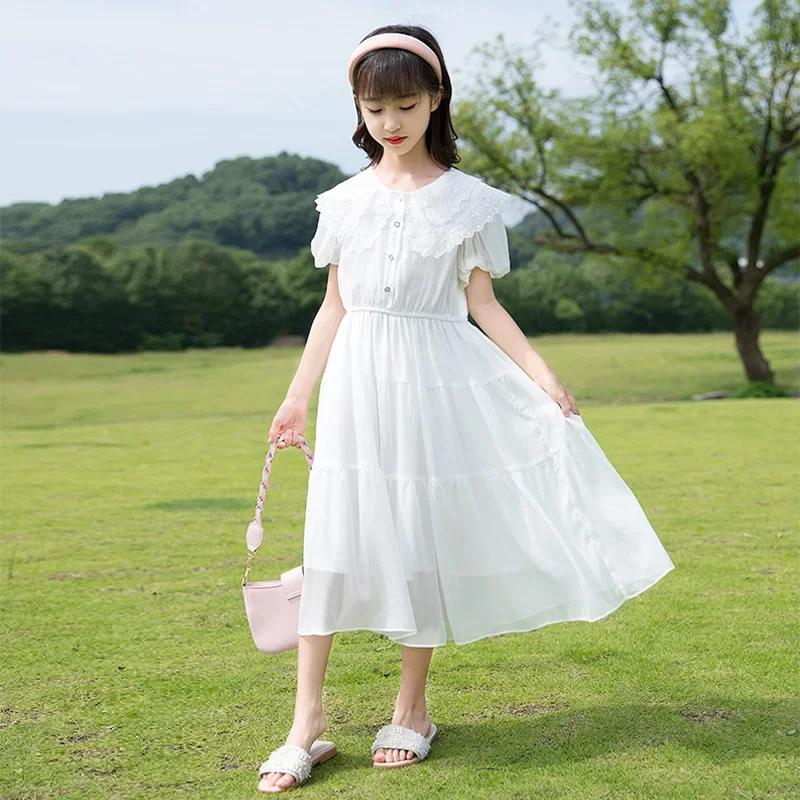 Robe de princesse en mousseline de soie pour adolescentes, vêtements éducatifs en dentelle blanche,