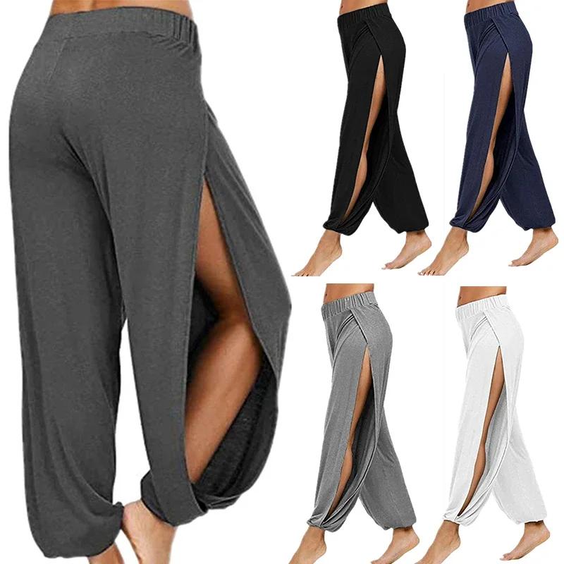 Pantalon Haren d'été à fente haute pour femmes, pantalon de sport, de Yoga, couleur unie, ample, Hip