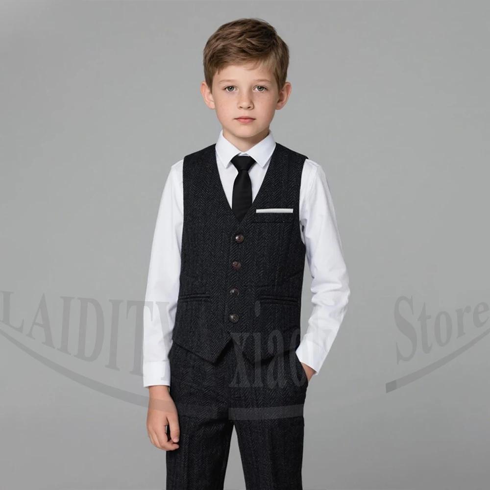 Costume en tweed gris à chevrons pour garçons, 3 pièces, style vintage, pour mariage, fête, cérémoni