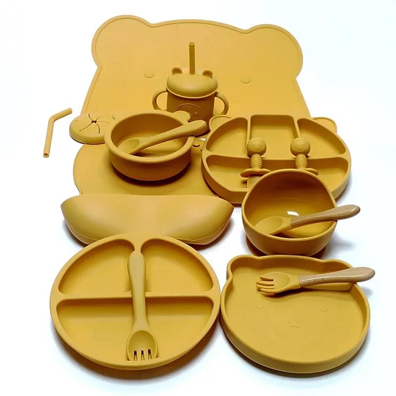 Ensemble d'ustensiles en silicone pour enfants, ensemble d'assiettes queplate, ventouse complémentai