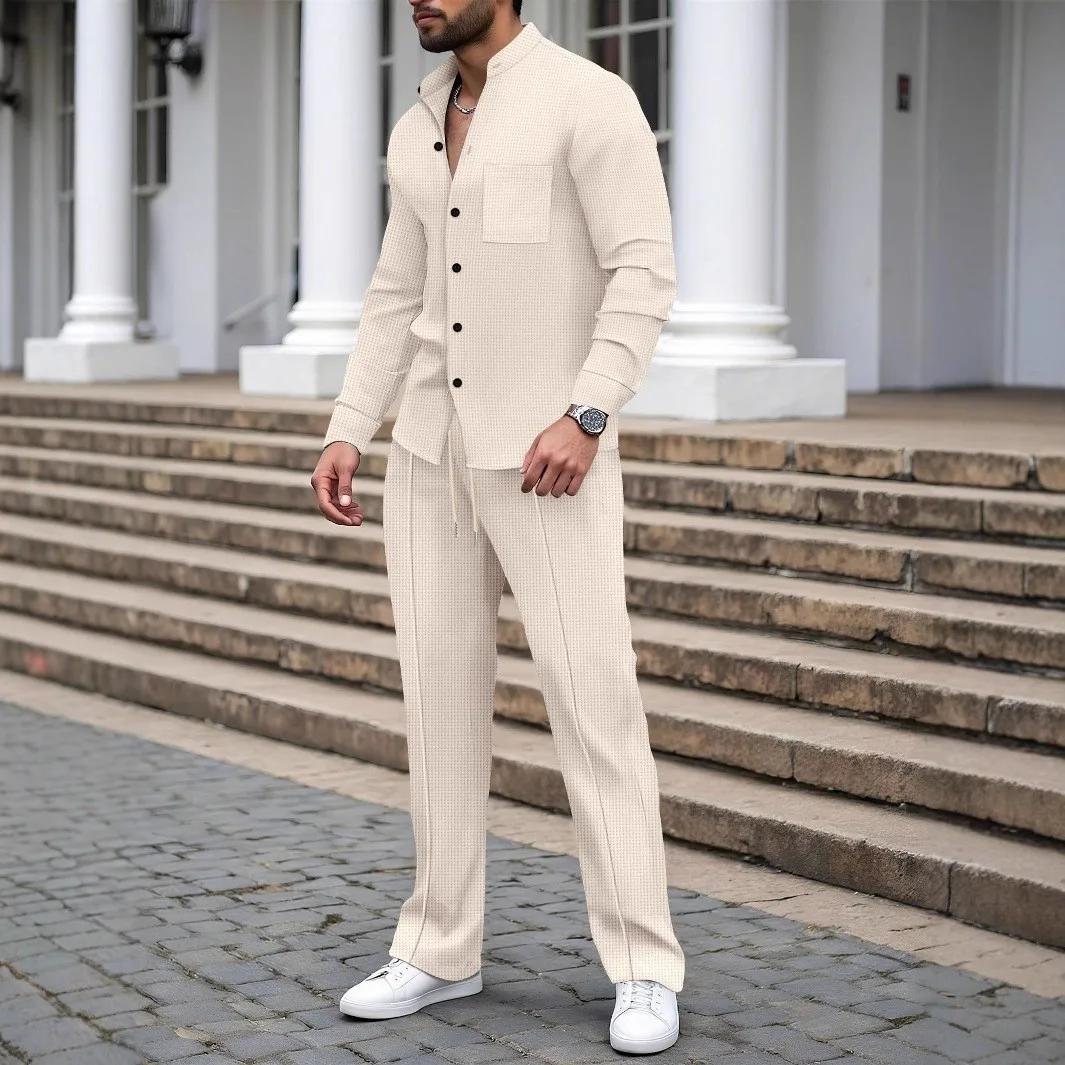 Nouveau costume d'automne pour hommes, chemise gaufrée à manches longues de couleur unie avec cardig