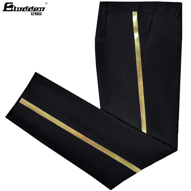 Pantalon de costume noir pour hommes, garniture en cuir doré, décontracté, formel, pour le bureau, é