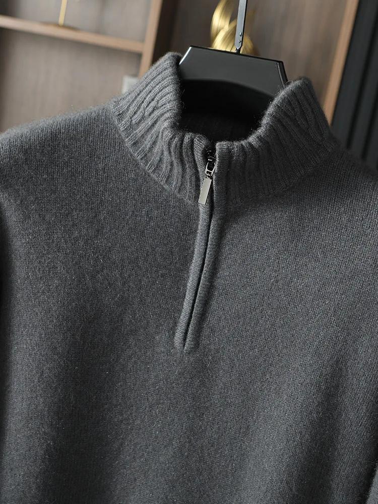 Pull en cachemire pur pour hommes, col mi-haut, demi-fermeture éclair, 5 broches, fermeture éclair é