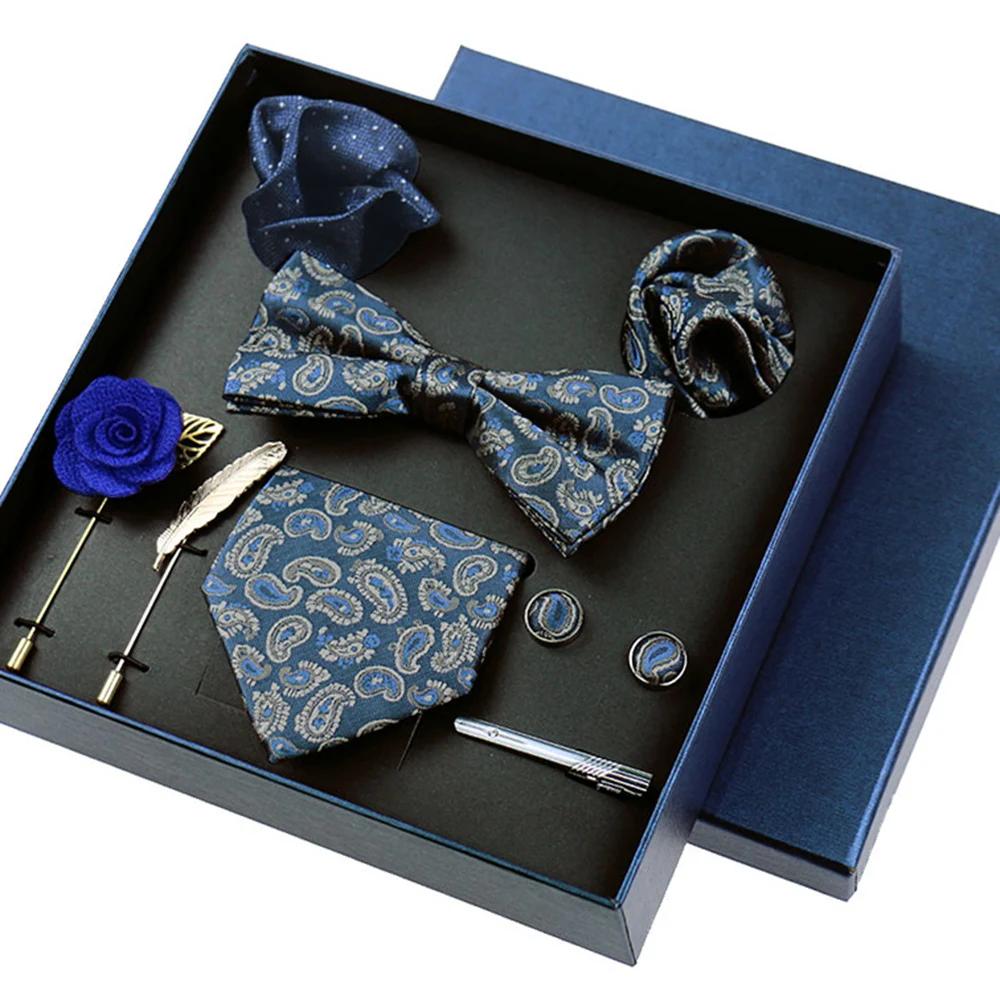 Ensemble de 8 pièces d'affaires, cravates bleues pour hommes, broches florales, boutons de manchette