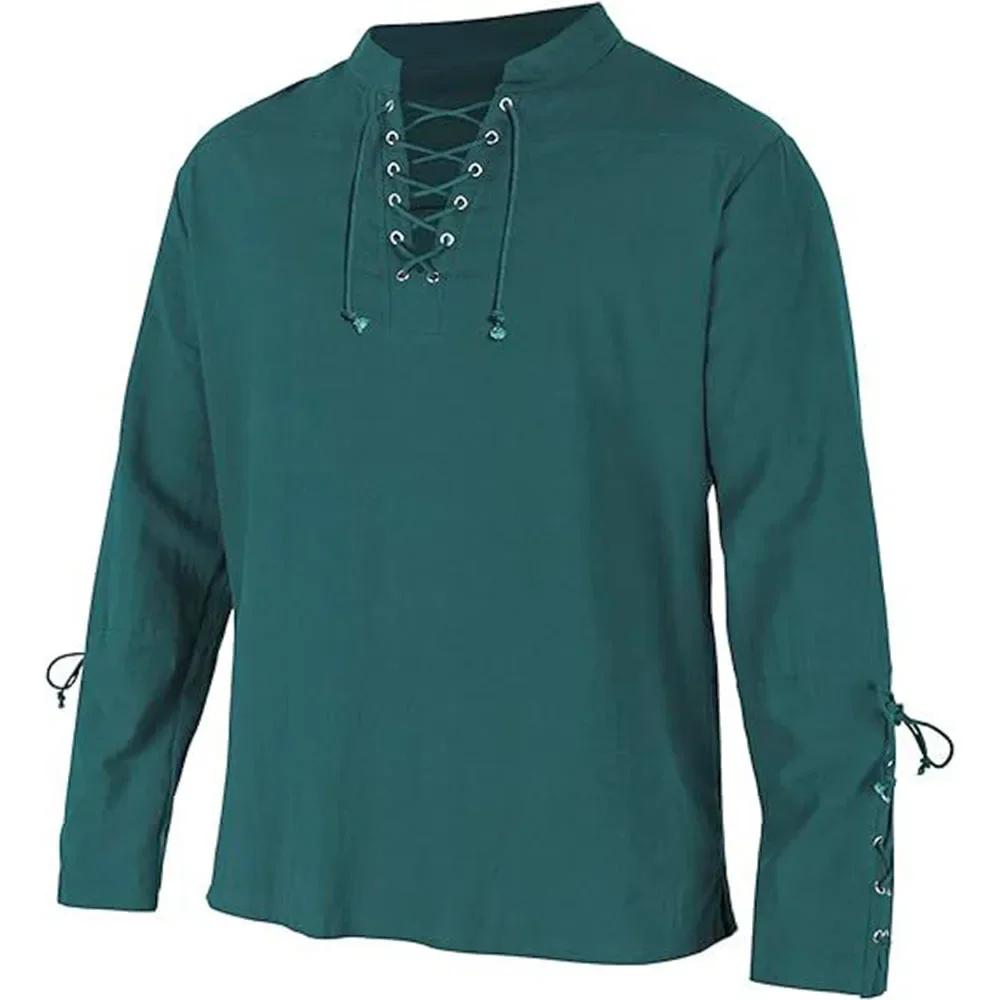 Chemises à manches longues pour hommes, à lacets, col en v, manchette, Pirate médiéval, Streetwear,