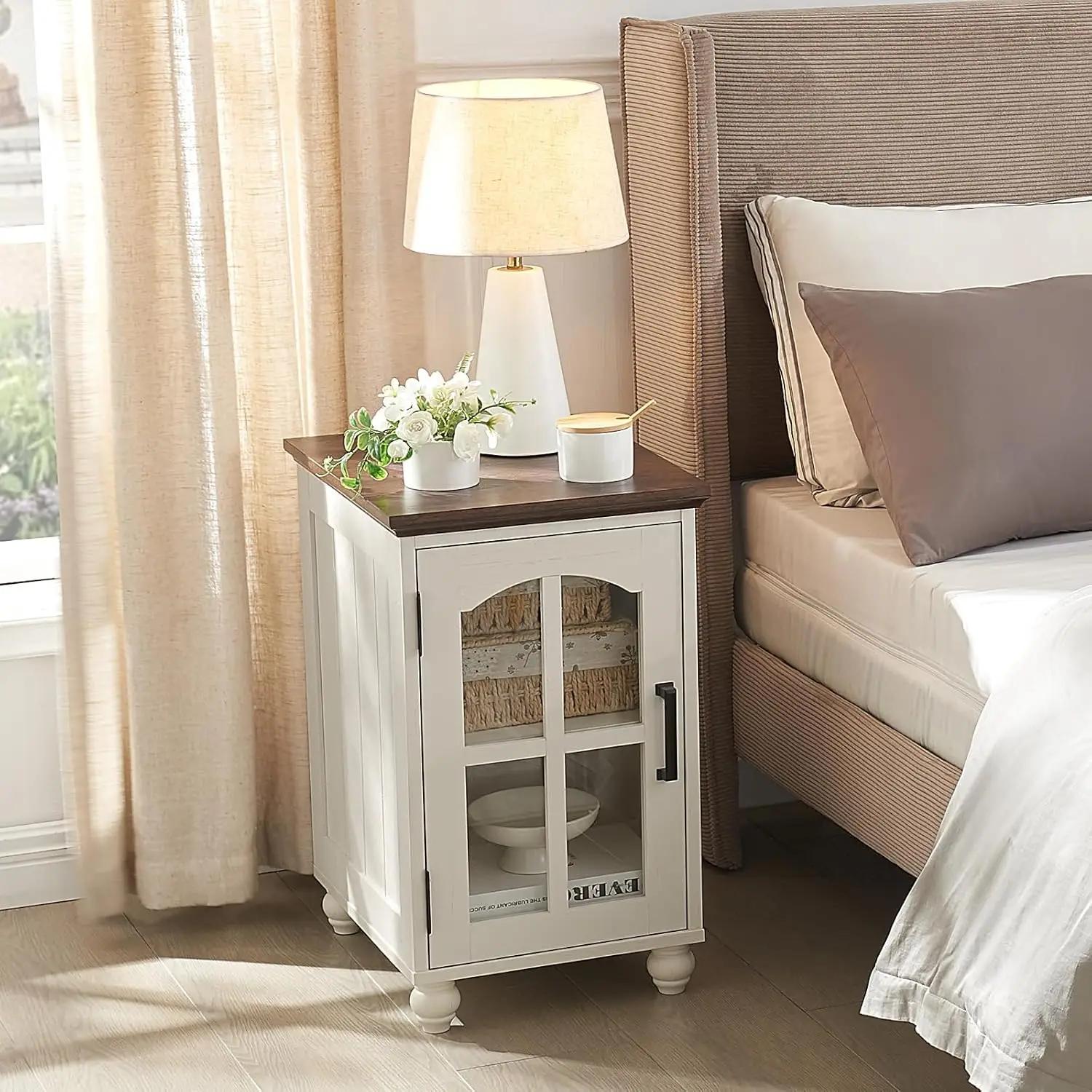 Ensemble de 2 tables d'appoint étroites blanches avec station de charge, table d'appoint en verre st