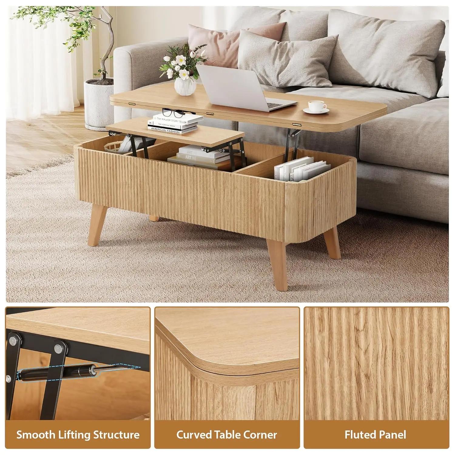 Table basse relevable 3-en-1, tables basses convertibles cannelées transformables en tables à manger