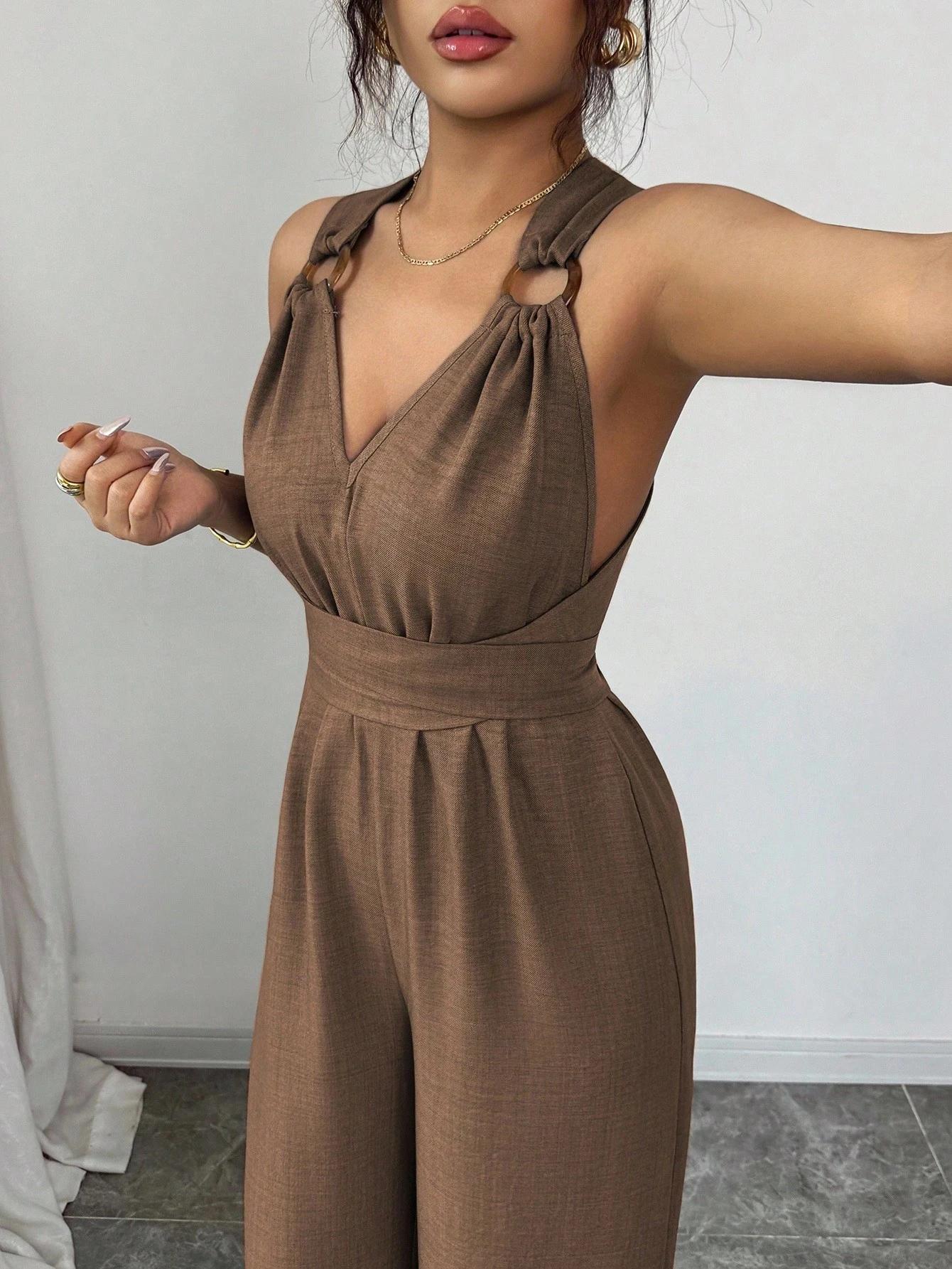 Combinaison femme col en v cravate taille large tenue d'été décontractée Style Madeleine été marron