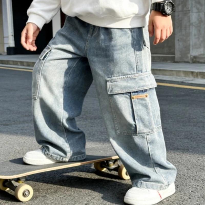 Pantalons cargo en denim pour garçons, mode printemps-automne, jeans décontractés pour enfants et ad