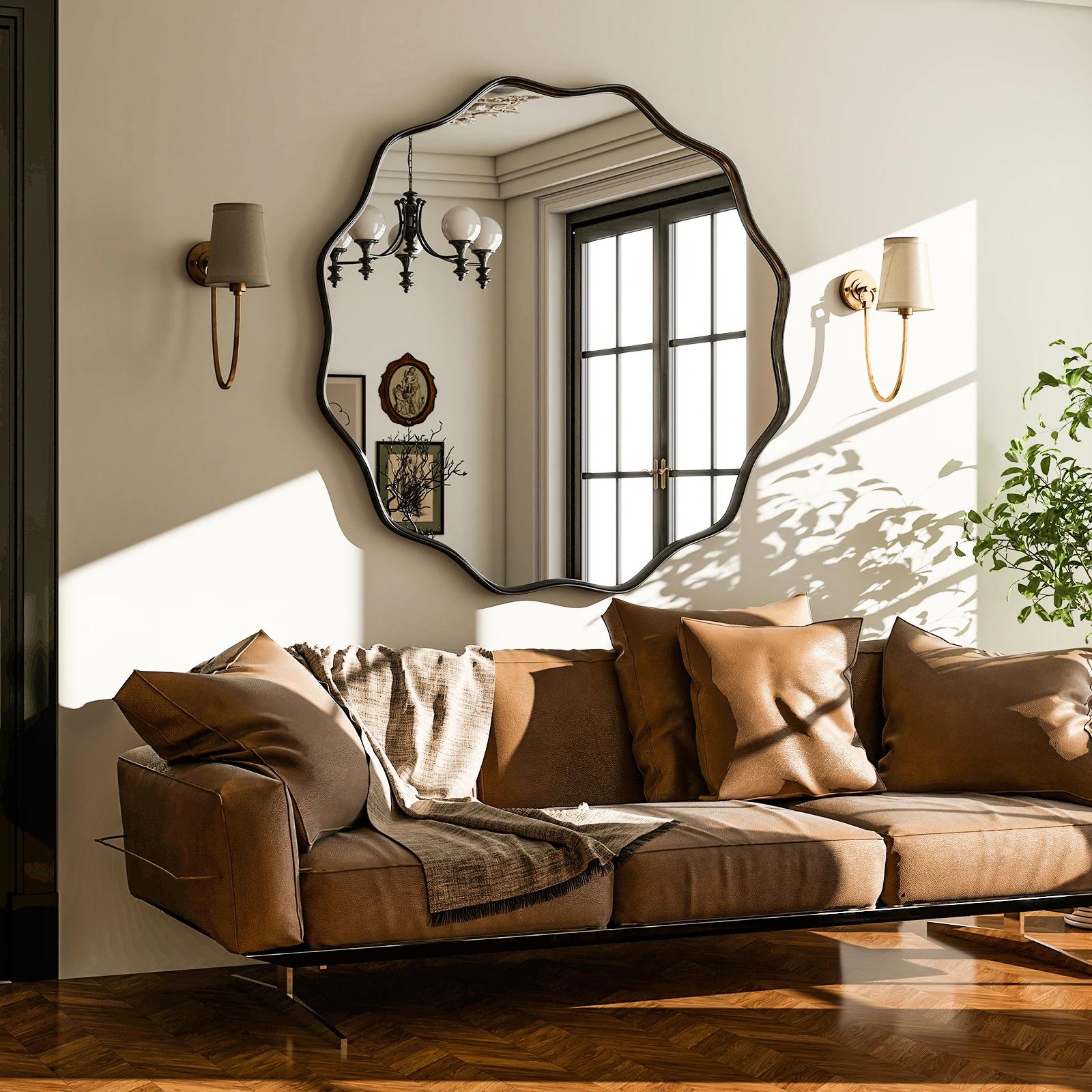 Miroir de salle de bain rond ondulé, miroir mural décoratif avec cadre profond