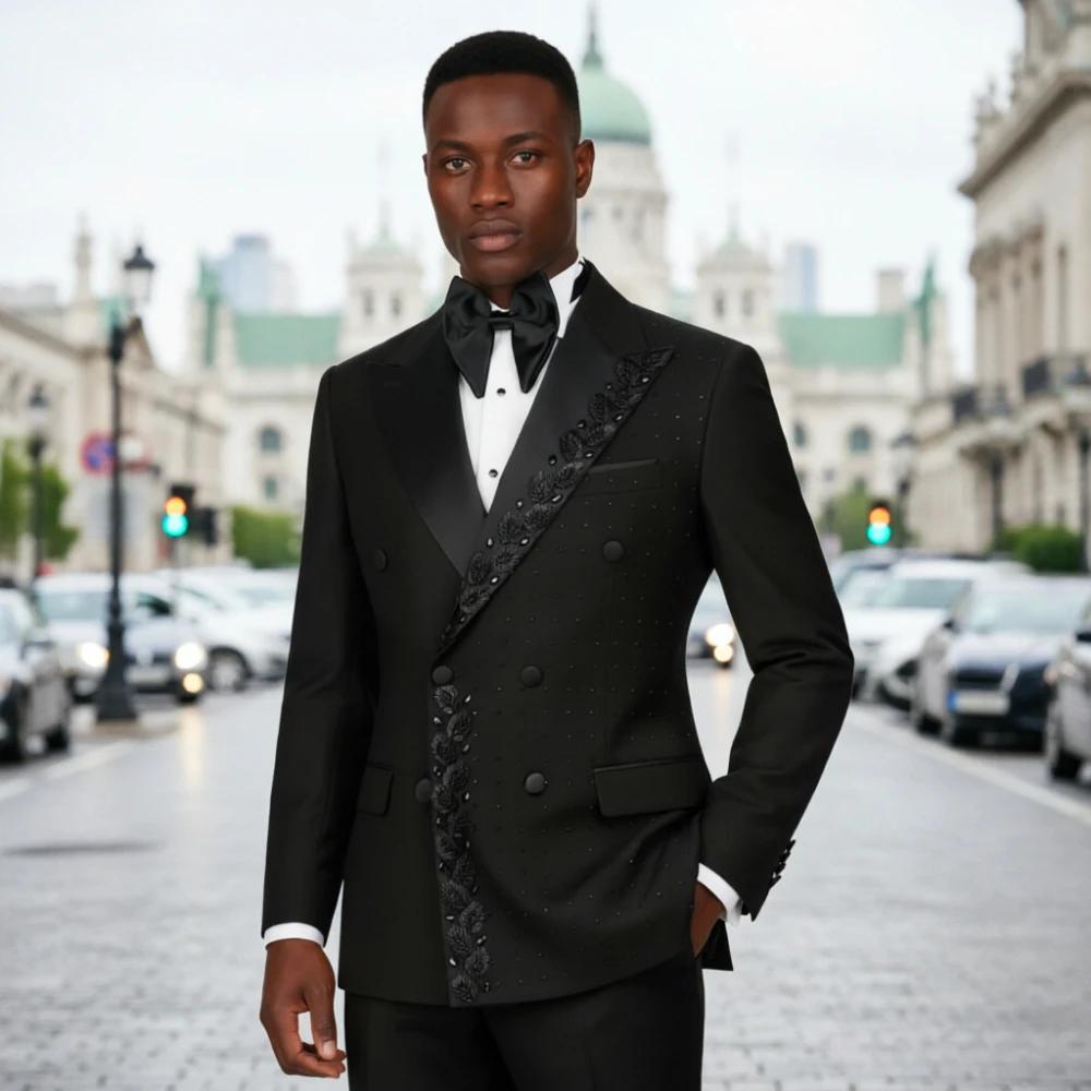 Costume Homme Perlé Brodé Noir Texturé Croisé Coupe Slim Formel pour Mariage, Bal de Promo, Dîner, S