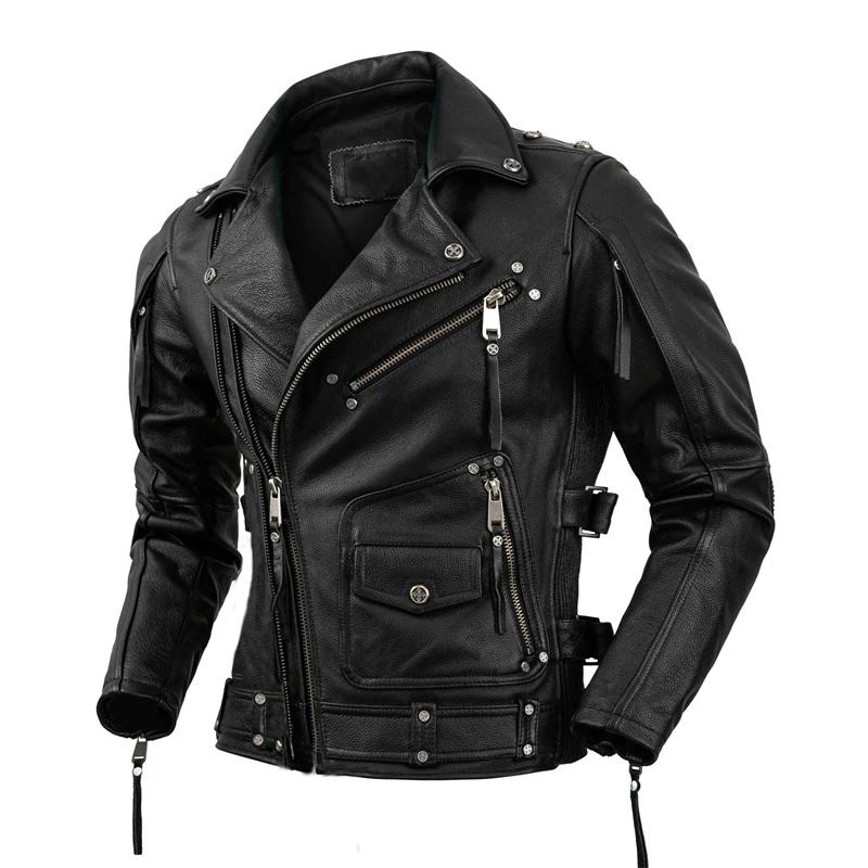 Veste de motard en cuir naturel pour homme, couche supérieure, cuir de vachette, rétro, pierre tremp