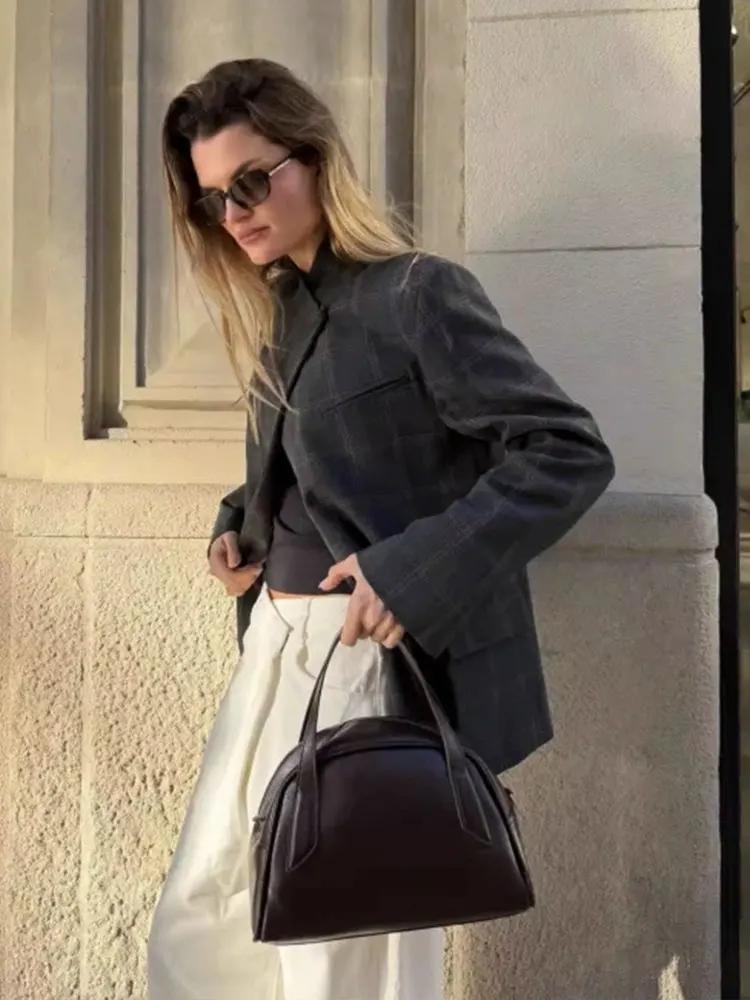 HH Blazer à carreaux pour femme, col montant, manches longues, veste décontractée chic pour le burea