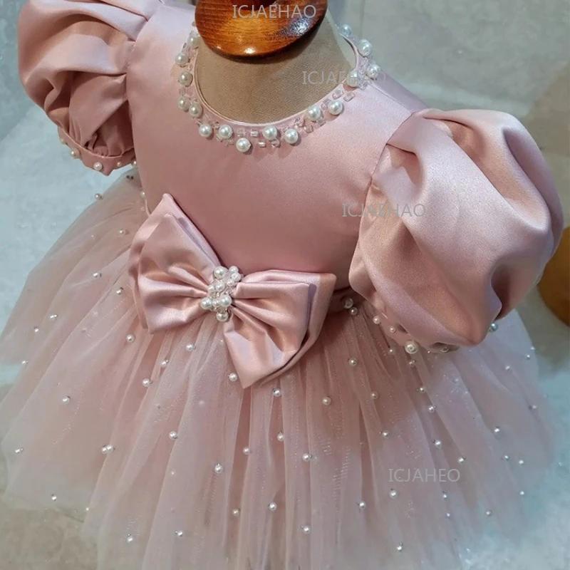 Robe de princesse rose à manches bouffantes 2026 pour fête d'anniversaire, faite à la main avec nœud