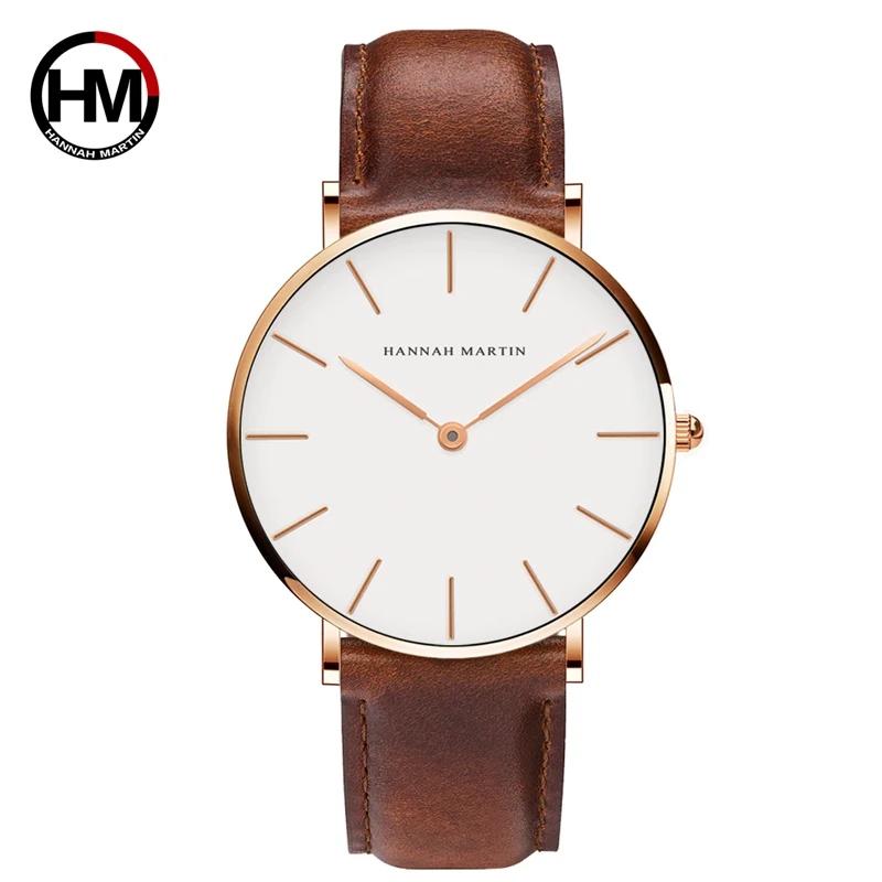 Hannah Martin marque mode japon montres à Quartz argent marron cuir hommes montre étanche robe montr
