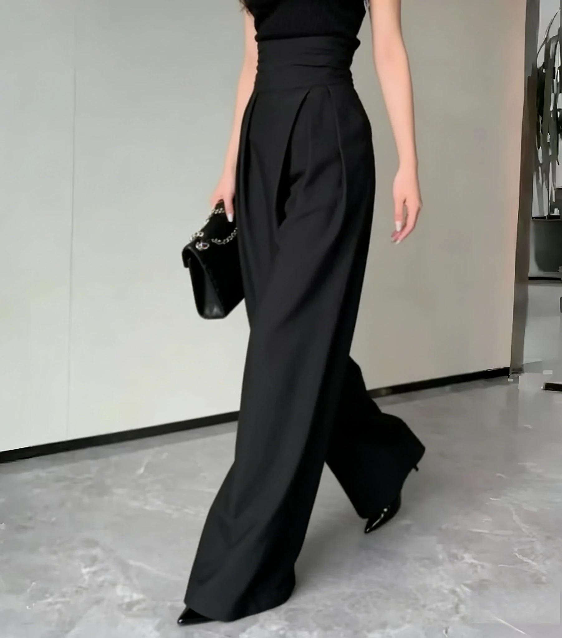 Nouveau pantalon noir pour femme, printemps-été, décontracté, taille haute, coupe large, style taill