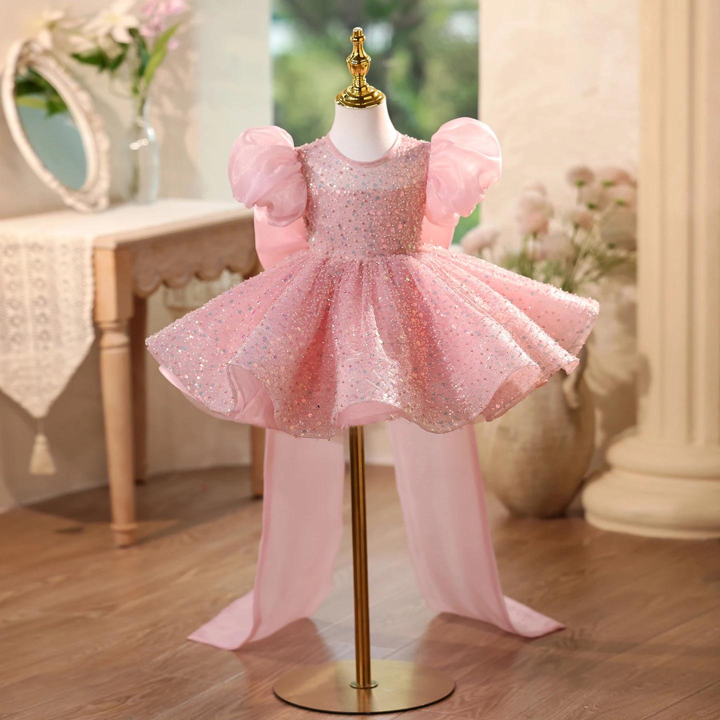 KLFLGD – robe à paillettes pour enfants, élégante, concours de beauté, manches bouffantes, fleur, ro