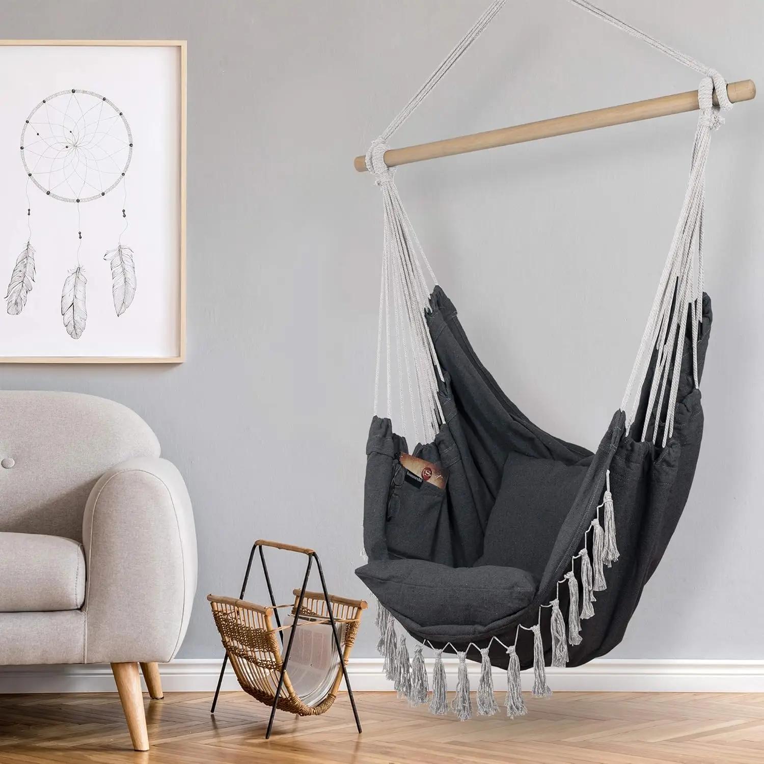 Chaise suspendue en macramé avec 2 oreillers | Balançoire en corde de coton d'une capacité de 500