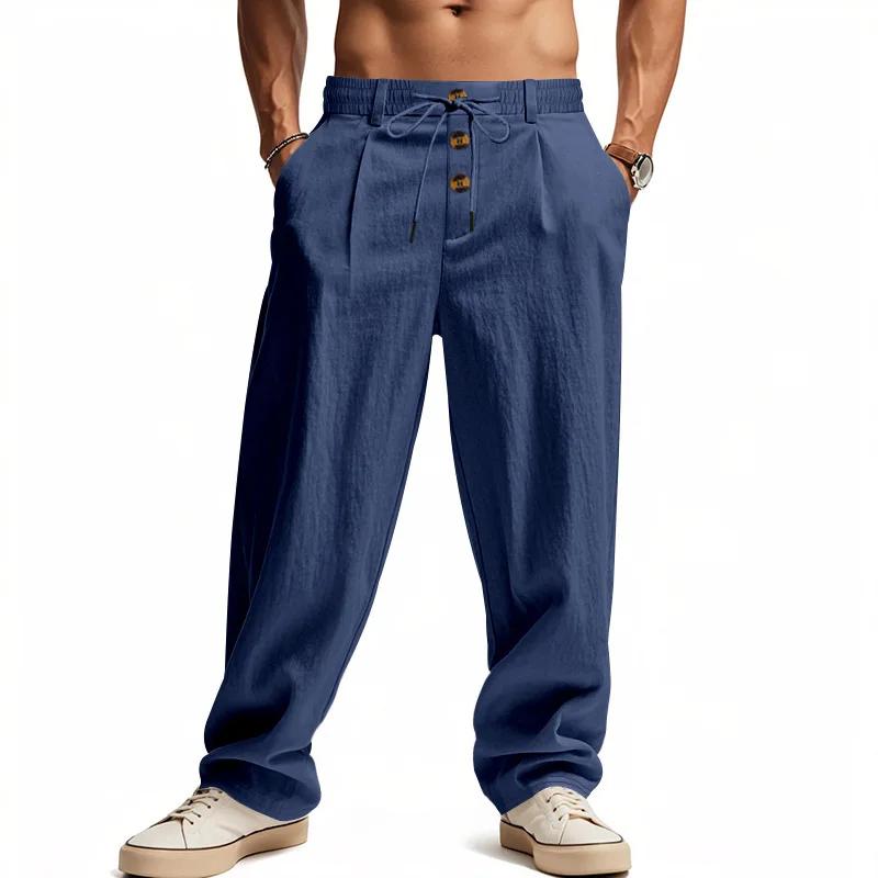 Pantalon large en lin mélangé pour homme, style bohème, taille haute, cordon de serrage, fermeture b