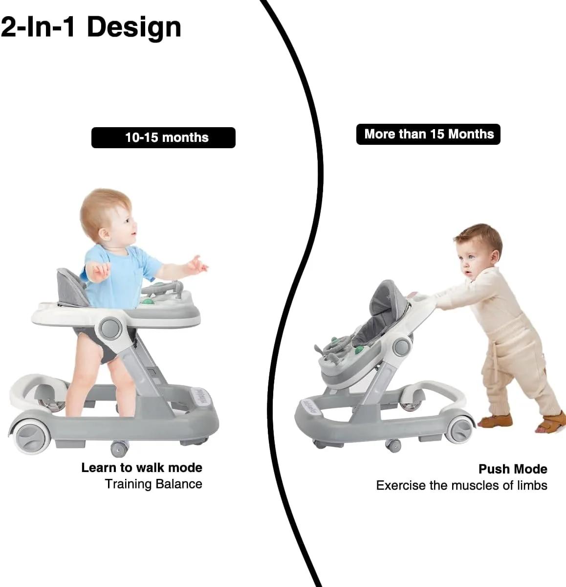 Trotteur 2 en 1 pour bébé, trotteur pour tout-petits avec plateau d'alimentation amovible et plateau